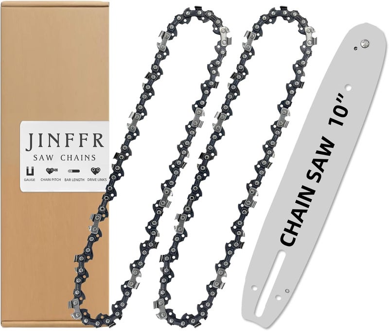 JINFFR 10 Inch Chainsaw Guide Bar and Chain Combo, 10" Replacement Chain for WORX WG309,10'' Chains for Sun Joe SWJ803E SWJ807E - 3/8'' .050'' 40 Drive Links (2Chain+1bar) - Image 1